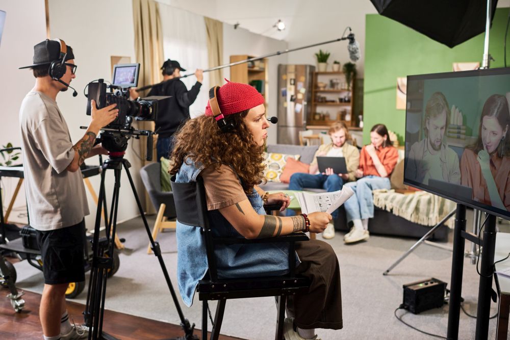 Filmska ekipa snima scenu televizijske serije u studiju, dok rediteljka prati snimak na monitoru, a kamerman i tonac rade sa glumcima